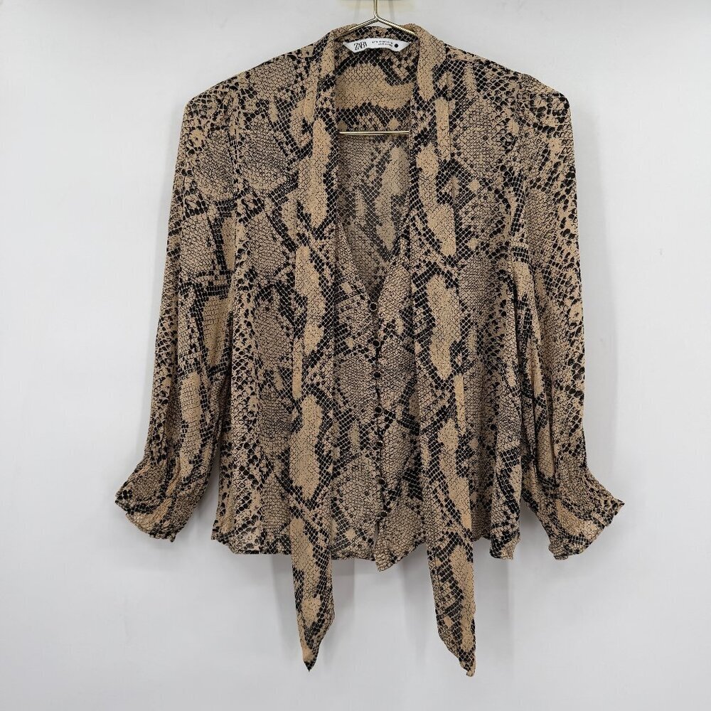 ZARA Snake Print Blouse Tie Front Button Boho Top Brunch Women M